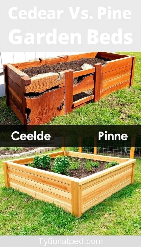 A side-by-side comparison of a cedar and a pine raised garden bed, meticulously crafted with attention to detail. The cedar bed is weathered and rugged, its rich, reddish-brown hue radiating a natural elegance. The pine bed, in contrast, sports a lighter, golden-hued tone, its smooth, uniform surface reflecting a more contemporary aesthetic. Both beds are shown in a well-lit, outdoor setting, allowing the viewer to appreciate the distinctive grains and textures of the materials. The image is captured from a slightly elevated angle, providing a clear, unobstructed view of the beds' construction and dimensions, enabling a thorough evaluation of their durability and cost-effectiveness for the garden enthusiast.
