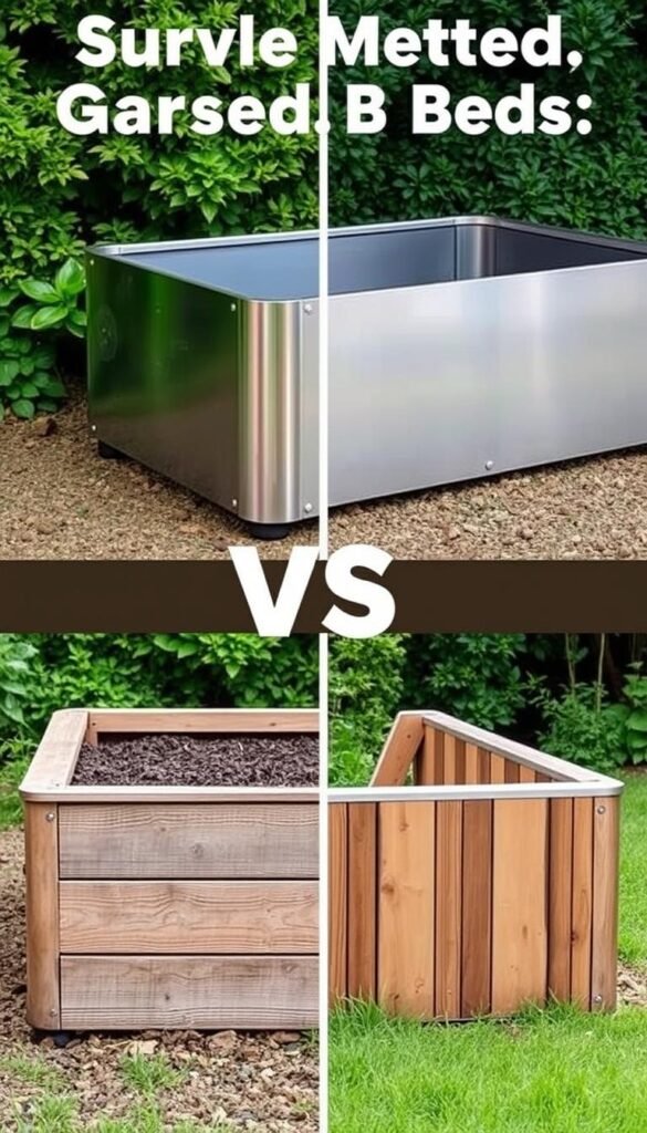 A side-by-side comparison of a sturdy metal raised garden bed and a weathered wooden garden bed, set against a lush, verdant backdrop. The metal bed gleams with a sleek, industrial finish, while the wood displays the natural grain and patina of age. Soft, diffused lighting accentuates the textures, inviting the viewer to imagine the durability and longevity of each material. The composition is carefully balanced, drawing the eye to the contrasting elements and highlighting the key considerations for gardeners when choosing between these two options. A sense of tranquility and contemplation pervades the scene, guiding the viewer's focus to the pivotal decision at hand. A side-by-side comparison of a sturdy metal raised garden bed and a weathered wooden garden bed, set against a lush, verdant backdrop. The metal bed gleams with a sleek, industrial finish, while the wood displays the natural grain and patina of age. Soft, diffused lighting accentuates the textures, inviting the viewer to imagine the durability and longevity of each material. The composition is carefully balanced, drawing the eye to the contrasting elements and highlighting the key considerations for gardeners when choosing between these two options. A sense of tranquility and contemplation pervades the scene, guiding the viewer's focus to the pivotal decision at hand.