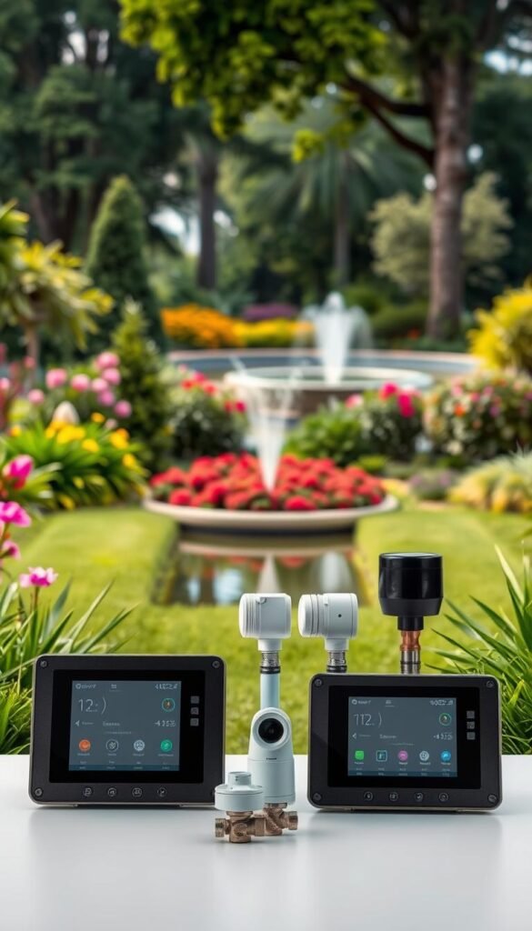 A sleek, modern comparison of cutting-edge smart irrigation systems, showcased against a backdrop of a lush, verdant garden landscape. In the foreground, three state-of-the-art irrigation controllers are meticulously detailed, their touch screens and intuitive interfaces illuminated by soft, diffused lighting. The middle ground features various smart sensors and valves, artfully arranged to highlight their sophisticated capabilities. In the background, a serene garden scene with vibrant flowers, towering trees, and a tranquil water feature creates a harmonious, nature-inspired setting. The overall composition conveys a sense of technological innovation seamlessly integrated with a beautiful, sustainable outdoor environment.