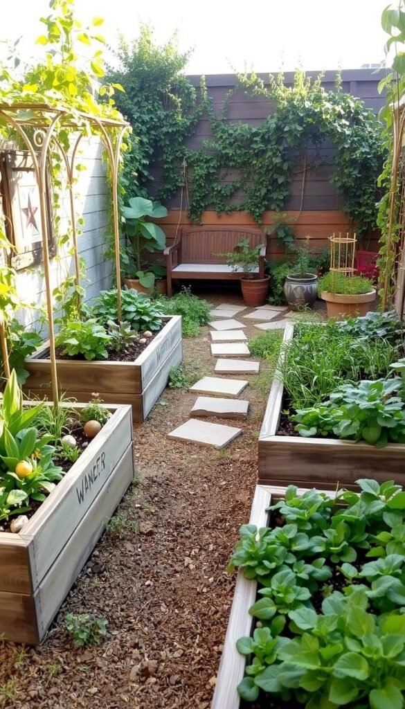 A small, carefully curated space garden layout featuring raised garden beds, lush greenery, and a sense of tranquility. In the foreground, a series of rectangular raised beds crafted from weathered wood, filled with a vibrant mix of vegetables, herbs, and flowers. The middle ground showcases a meandering stone path leading through the garden, bordered by decorative trellises adorned with climbing vines. In the background, a cluster of potted plants and a simple seating area create a cozy, inviting atmosphere. Soft, natural lighting filters through the foliage, casting gentle shadows and highlighting the textures of the garden elements. The overall scene conveys a sense of harmony, productivity, and a thoughtful approach to maximizing limited urban or patio spaces.