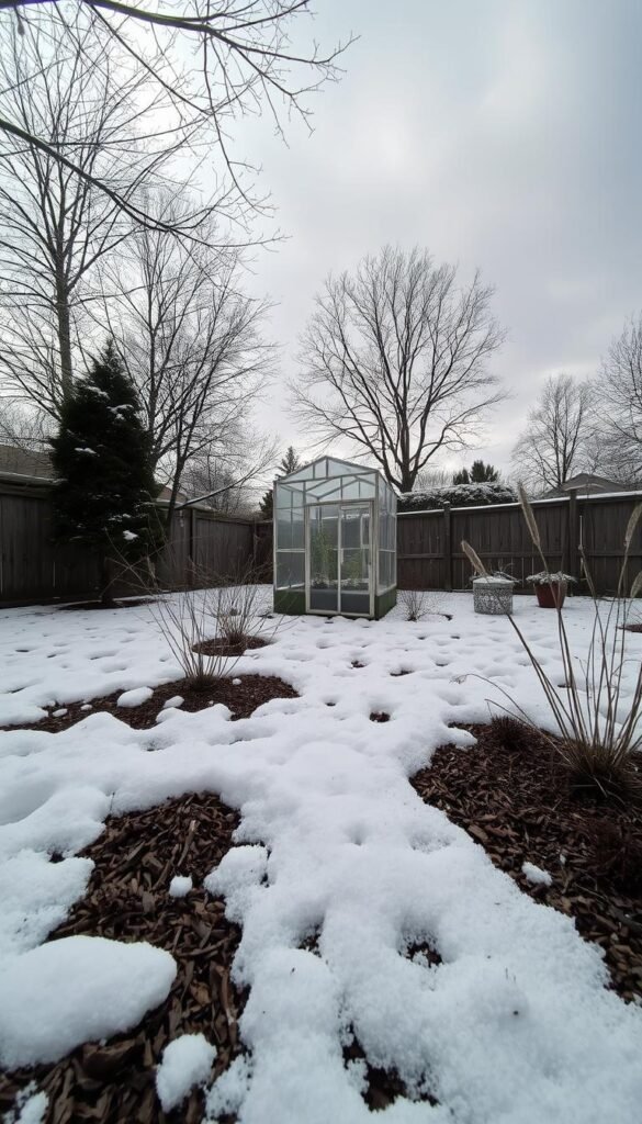 A snow-covered backyard garden in the winter, with a focus on the protective measures in place. In the foreground, a thick layer of mulch covers the soil, insulating the roots of plants against the cold. In the middle ground, a small greenhouse structure stands, its glass panels glinting in the muted winter sunlight, shielding delicate plants from frost. In the background, the bare branches of trees reach up towards a cloudy, overcast sky, setting a serene, peaceful tone. The scene is illuminated by soft, diffused natural lighting, capturing the tranquility of the winter garden. A wide-angle lens is used to encompass the full scene, allowing the viewer to appreciate the thoughtful winter preparations.