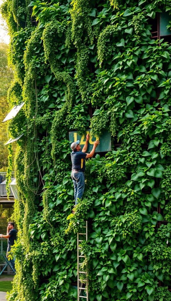 A step-by-step installation guide for a lush, verdant green wall. A towering structure in the foreground, its surface covered in cascading vines and flourishing foliage. In the middle ground, a team of gardeners carefully affixing modular planting panels to the wall's frame, their movements choreographed and precise. The background features a serene outdoor setting, with natural light filtering through the leaves and casting a warm, earthy glow. The overall composition conveys a sense of harmony between human endeavor and the vibrant natural world. Captured with a wide-angle lens to emphasize the scale and grandeur of the green wall installation process.