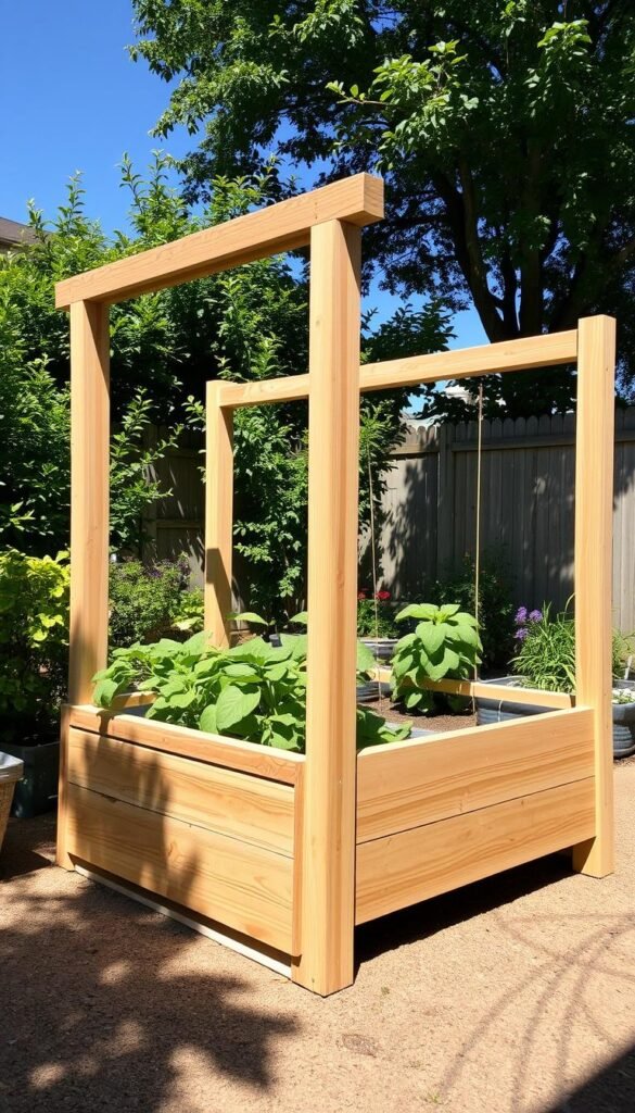 A sturdy, well-crafted raised garden bed structure stands in a sun-drenched backyard. The wooden frame, meticulously constructed with clean lines and smooth edges, is elevated several inches off the ground, providing ample space for lush, thriving plants. Soft, diffused natural lighting filters through the scene, casting gentle shadows and highlighting the natural texture of the wood. The bed is positioned within a neatly maintained garden, with a backdrop of verdant foliage and a clear blue sky overhead, conveying a sense of tranquility and harmony. The overall composition is visually balanced, inviting the viewer to appreciate the practical and aesthetic benefits of this versatile gardening solution. A sturdy, well-crafted raised garden bed structure stands in a sun-drenched backyard. The wooden frame, meticulously constructed with clean lines and smooth edges, is elevated several inches off the ground, providing ample space for lush, thriving plants. Soft, diffused natural lighting filters through the scene, casting gentle shadows and highlighting the natural texture of the wood. The bed is positioned within a neatly maintained garden, with a backdrop of verdant foliage and a clear blue sky overhead, conveying a sense of tranquility and harmony. The overall composition is visually balanced, inviting the viewer to appreciate the practical and aesthetic benefits of this versatile gardening solution.