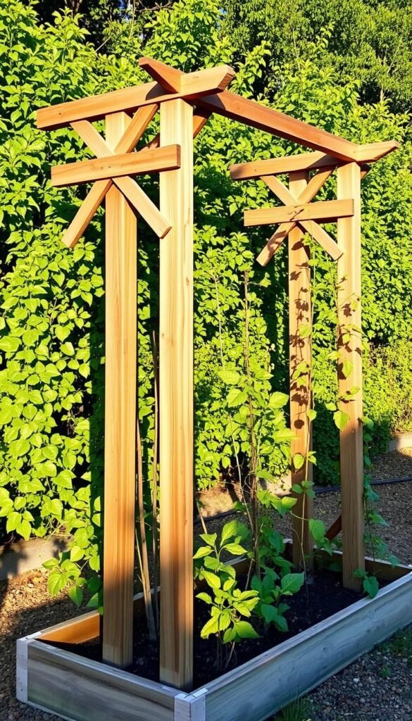 A sturdy wooden trellis stands tall against a backdrop of lush greenery, its rustic beams and cross-braced design casting long shadows in the warm afternoon light. The structure is firmly grounded, its posts sunk deep into the raised garden bed below, ready to support the weight of climbing vines and trailing plants. The trellis' clean, geometric lines are softened by the organic textures of the weathered wood, creating a harmonious blend of form and function. Carefully angled to catch the sun's rays, the trellis invites verdant growth and promises a bountiful harvest. This is a solid, dependable framework for a thriving vertical garden.