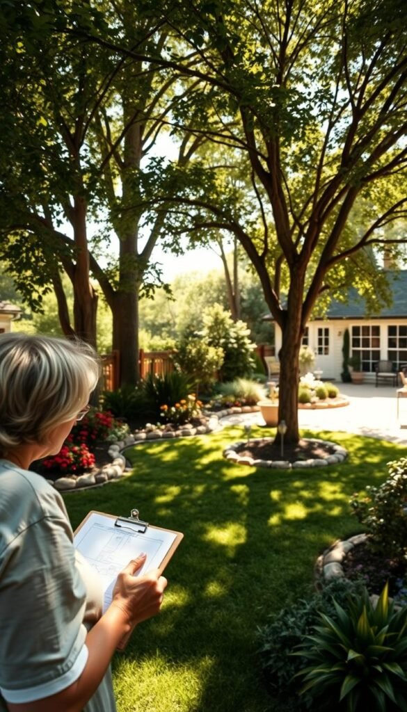 A sun-dappled backyard, its lush greenery and well-tended garden beds beckoning for exploration. In the foreground, a thoughtful homeowner examines the space, clipboard in hand, mapping out potential layouts and design ideas. The middle ground features a mix of mature trees, shrubs, and colorful flower beds, while the background reveals a cozy patio or deck, hinting at opportunities for outdoor seating and entertaining. Soft, warm lighting filters through the canopy, creating a serene and inviting atmosphere. The scene is captured with a wide-angle lens, emphasizing the depth and potential of this outdoor oasis, ready to be transformed into a personalized, harmonious retreat.