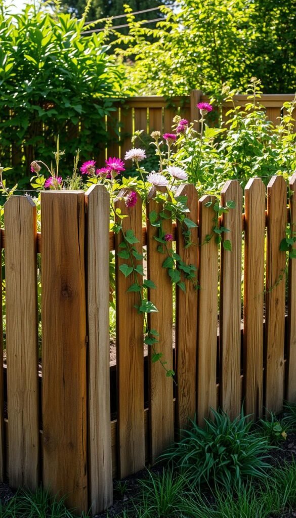 A sun-dappled garden bed, its edges delineated by a sturdy wooden fence. Weathered boards, some rough-hewn, others smooth, create a rustic barrier, their natural tones blending seamlessly with the lush greenery. Ornamental plants and trailing vines spill over the fencing, adding a touch of softness and organic charm. The scene is bathed in warm, diffused lighting, casting gentle shadows and highlighting the textures of the materials. A sense of order and purposeful design pervades the composition, reflecting the importance of functional yet aesthetically pleasing structural elements in a thriving raised garden bed.