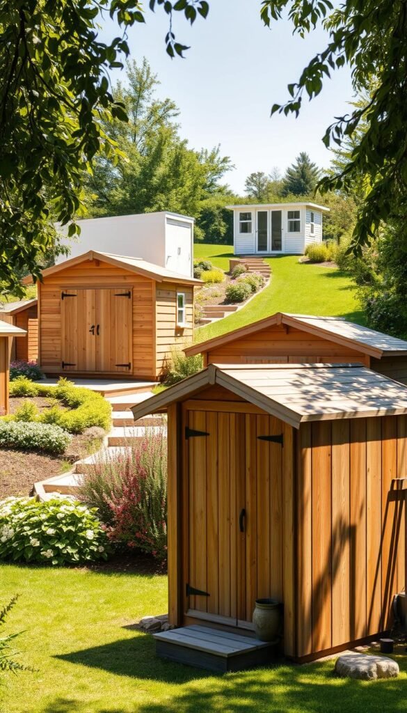 A sun-dappled garden scene, showcasing a variety of wood and modular shed designs. In the foreground, a rustic, weathered wooden shed with a pitched roof and a charming entry door. Behind it, a sleek, contemporary shed with clean lines and a minimalist aesthetic. In the middle ground, a modular shed system with customizable panels and storage solutions. In the background, a lush, verdant landscape with flowering plants and a winding path. The lighting is natural and warm, casting a soft glow over the scene. The perspective is slightly elevated, providing a panoramic view of the design inspirations, from classic to contemporary. The overall mood is one of tranquility, inviting the viewer to imagine the versatile storage and decorative possibilities of these sheds.
