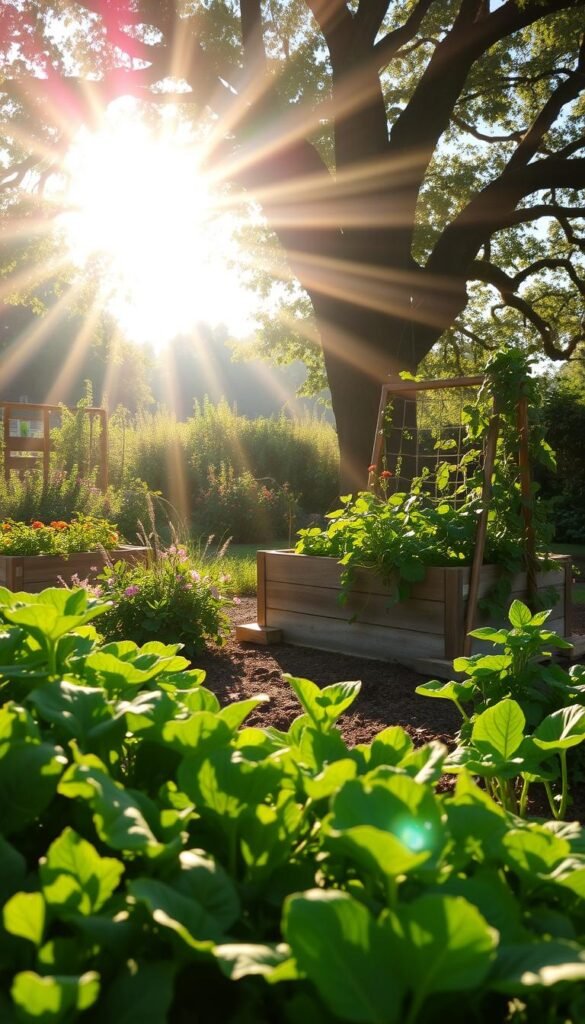 A sun-dappled garden scene, showcasing the ideal sunlight requirements for a thriving cottage vegetable patch. In the foreground, lush green foliage casts gentle shadows on the rich, loamy soil, where vibrant vegetables stand tall. The middle ground features a well-tended raised bed, its wooden frame embraced by climbing vines and fragrant flowers. Hazy sunbeams filter through the canopy of a towering oak tree in the background, casting a warm, golden glow over the entire scene. The overall mood is one of tranquility and abundance, inviting the viewer to imagine the joys of cultivating a bountiful, floral-infused vegetable garden.
