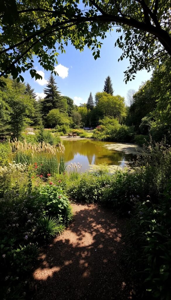 A sun-dappled garden scene, with a tranquil pond nestled amidst lush foliage. In the foreground, a meandering path leads the eye towards the water's edge, inviting exploration. Surrounding the pond, a diverse array of flora - from delicate wildflowers to towering trees - create a harmonious, natural backdrop. The pond's reflective surface mirrors the sky above, casting a serene, calming atmosphere. Subtle lighting gently illuminates the scene, casting soft shadows and highlighting the pond's depth and clarity. A wide-angle lens captures the expansive, verdant landscape, allowing the viewer to fully immerse themselves in the idyllic setting.