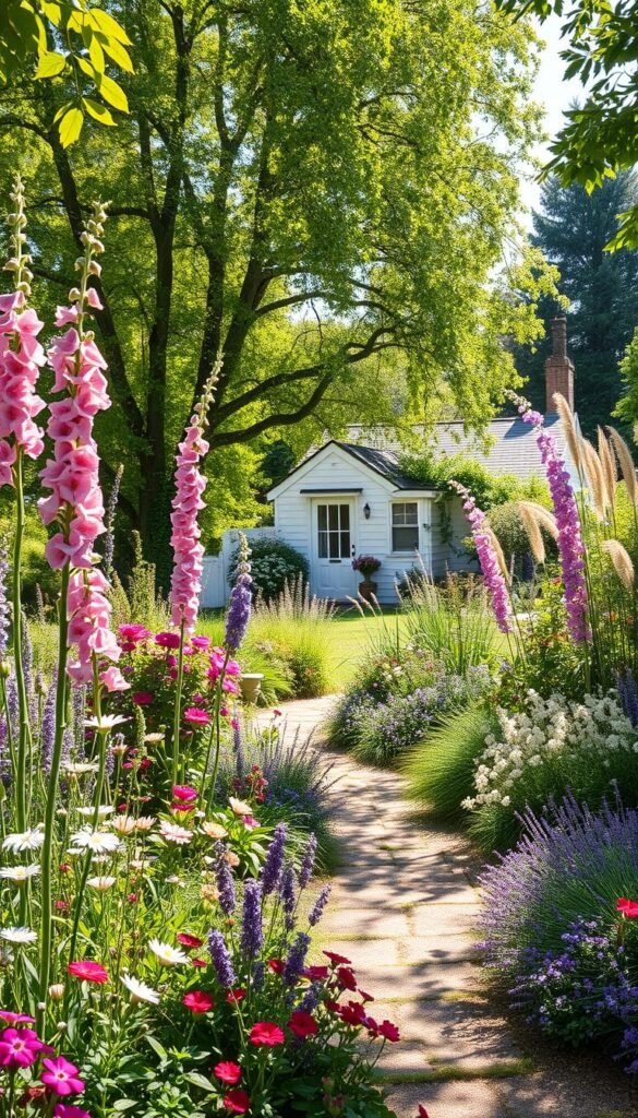 A sun-dappled modern cottage garden with a lush mix of perennials, flowering shrubs, and ornamental grasses. In the foreground, a path winds through a profusion of blooms in shades of pink, purple, and white. Towering hollyhocks and delphinium create a romantic backdrop, their stalks swaying gently in a soft breeze. Trailing vines and cascading flowers spill over the edges of raised garden beds. Dappled light filters through the branches of a mature fruit tree in the middle ground, casting gentle shadows on the scene. In the distance, a whitewashed cottage with a charming gabled roof nestles amidst the verdant foliage, embodying the perfect balance of rustic and refined.
