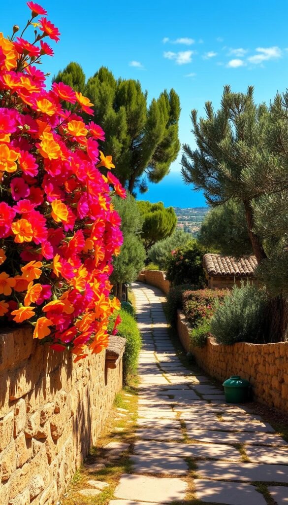 A sun-drenched Mediterranean garden bursting with vibrant blooms. In the foreground, lush florals in shades of fuchsia, tangerine, and sunshine yellow cascade over weathered stone walls. Meandering paths lead through the middle ground, flanked by verdant olive trees and fragrant rosemary bushes. In the background, a distant vista of azure skies fades into the horizon, evoking the warm glow of a sunset. Dappled light filters through the canopy, casting a soft, golden radiance over the scene. The overall mood is one of serene tranquility and boundless natural beauty.