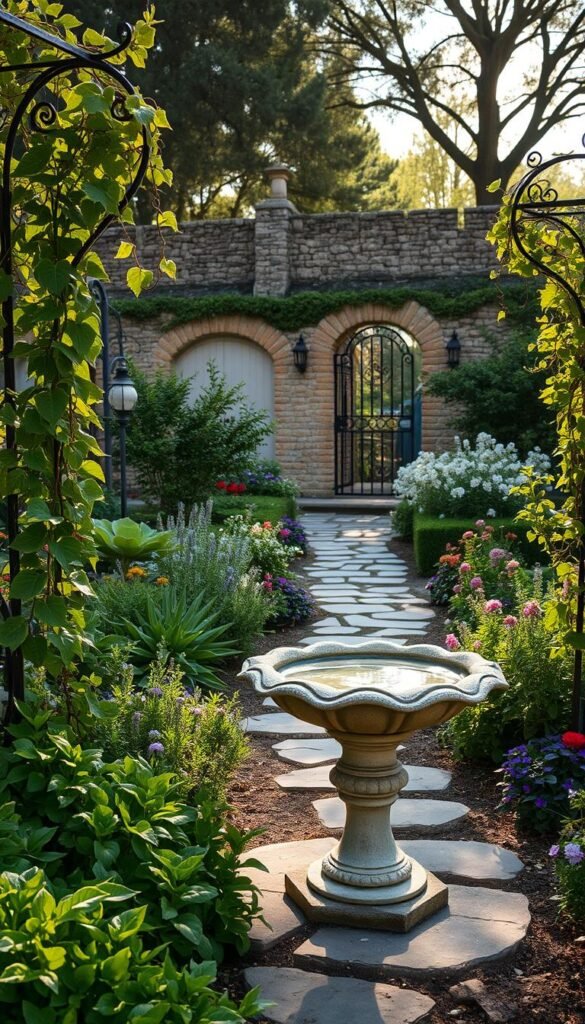 A sunlit French cottage garden, filled with an elegant arrangement of stone and iron elements. In the foreground, a weathered stone birdbath stands amidst lush greenery, its surface gently rippling. Surrounding it, ornamental iron trellises support cascading vines, casting intricate shadows. In the middle ground, a stone pathway winds through a mix of perennial flowers and fragrant herbs, leading the eye towards a wrought-iron garden gate in the distance. The background features a stone wall, partially obscured by a canopy of mature trees, evoking a sense of timeless tranquility. Warm, golden lighting bathes the scene, creating a soft, inviting atmosphere reminiscent of a charming Provençal landscape.