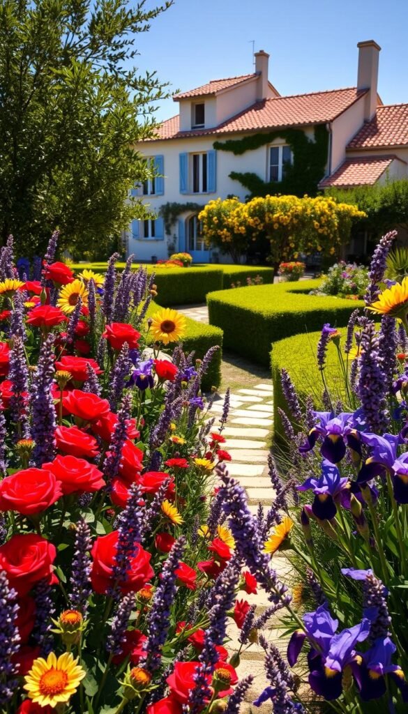 A sunlit French garden bursting with vibrant blooms. In the foreground, a lush profusion of colorful flowers - crimson roses, lavender sprigs, golden sunflowers, and deep purple irises. The middle ground features a quaint stone pathway winding through the garden, flanked by neatly trimmed hedges in shades of emerald. In the background, a classic Provençal villa with whitewashed walls and terracotta roof tiles, bathed in warm, golden light. The scene is captured through a wide-angle lens, creating a sense of depth and inviting the viewer to step into this sun-drenched, picturesque oasis. The overall atmosphere is one of tranquility, natural beauty, and the quintessential charm of a French country garden.