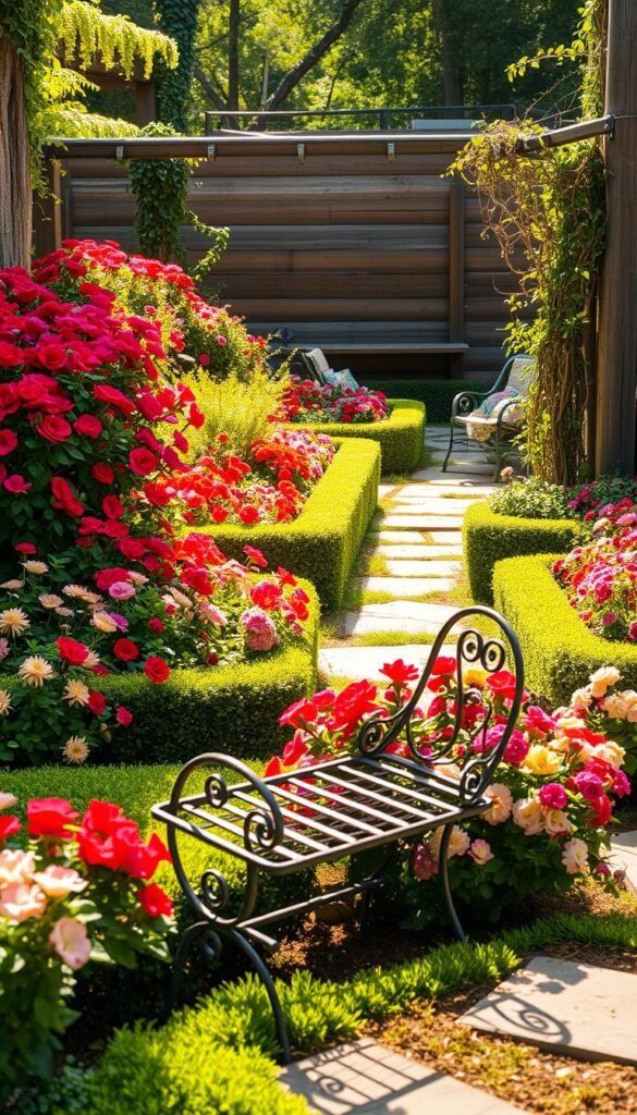 A sunlit cottage garden, with lush flower beds arranged in a thoughtful, asymmetrical layout to make the most of the available space. Delicate blooms in a riot of colors - vibrant reds, soft pinks, and sunny yellows - spill over neatly manicured hedges and stone pathways. In the foreground, a charming wrought-iron bench invites leisurely contemplation, while in the background, a simple wooden trellis supports trailing vines. Warm, diffused lighting bathes the scene, creating a sense of tranquility and timeless beauty. The overall composition strikes a harmonious balance between the structured and the naturalistic, showcasing how a carefully curated cottage garden can thrive even in a compact urban setting.