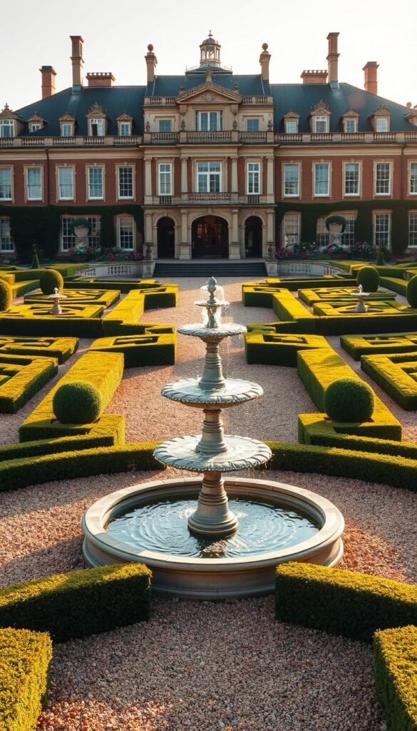 A symmetrical formal garden, with meticulously trimmed hedges and precisely aligned flowerbeds. The background features a grand, stately manor, its facade adorned with ornate architectural details. The foreground showcases a central fountain, its water cascading in a serene, synchronized display. The middle ground is dotted with manicured topiary shapes, casting soft, directional shadows across the gravel pathways. The lighting is warm and golden, creating a sense of timeless elegance. The overall atmosphere is one of refined order and harmonious design, perfectly encapsulating the essence of formal garden symmetry. A symmetrical formal garden, with meticulously trimmed hedges and precisely aligned flowerbeds. The background features a grand, stately manor, its facade adorned with ornate architectural details. The foreground showcases a central fountain, its water cascading in a serene, synchronized display. The middle ground is dotted with manicured topiary shapes, casting soft, directional shadows across the gravel pathways. The lighting is warm and golden, creating a sense of timeless elegance. The overall atmosphere is one of refined order and harmonious design, perfectly encapsulating the essence of formal garden symmetry.