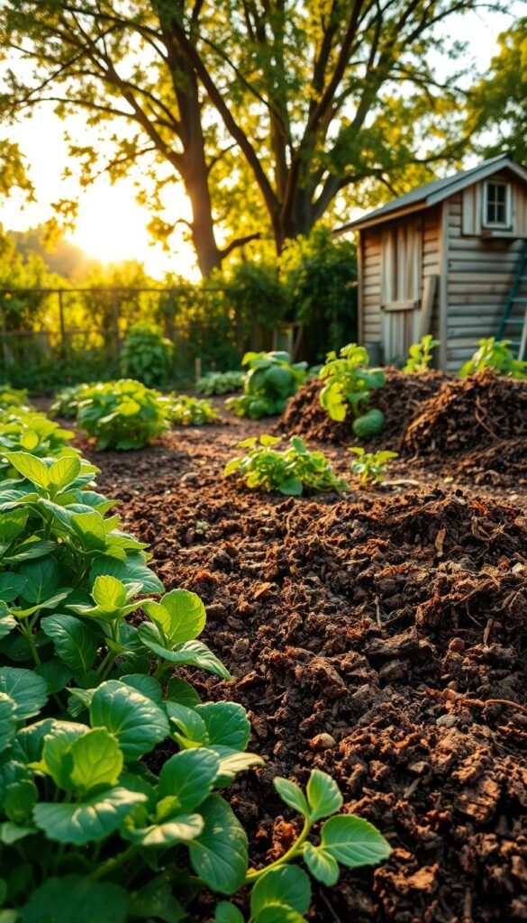 A thriving community garden filled with vibrant, healthy soil. In the foreground, lush, verdant plants and vegetables flourish, their leaves glistening with morning dew. The middle ground showcases a diverse array of organic matter, from compost piles to earthworm-rich soil, all working together to nourish the garden. In the background, a wooden shed stands, its weathered walls complementing the earthy tones of the surrounding landscape. Warm, golden sunlight filters through the canopy of nearby trees, casting a soft, natural glow over the entire scene. The atmosphere is one of balance, sustainability, and the harmonious integration of natural elements, inviting visitors to immerse themselves in the beauty of a well-tended, soil-health-focused garden.