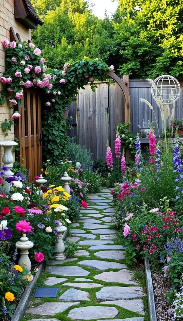 A traditional cottage garden in the late afternoon sun, filled with a vibrant and lush mix of perennial flowers, cascading vines, and fragrant herbs. In the foreground, a winding stone pathway leads to a charming wooden gate, framed by an archway of climbing roses. Scattered throughout the garden are whimsical stone or wrought-iron garden ornaments, adding to the timeless, romantic atmosphere. In the middle ground, a variety of colorful blooms such as peonies, delphiniums, and foxgloves sway gently in a light breeze. The background features a rustic wooden fence, partially obscured by tall, swaying grasses and a backdrop of lush, verdant foliage.
