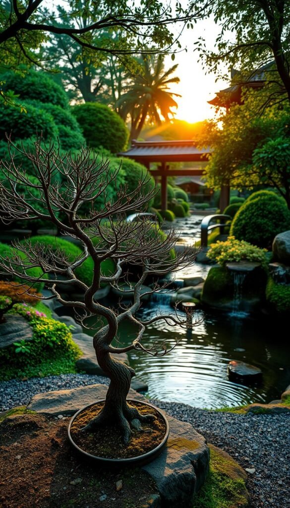 A tranquil Japanese garden in the making, with a skilled gardener carefully planning the layout. In the foreground, a delicate bonsai tree is strategically placed, its intricate branches casting soft shadows. The middle ground showcases a serene koi pond, its surface gently rippling. In the background, a traditional wooden bridge arches over a gently flowing stream, surrounded by lush, manicured foliage. The scene is bathed in the warm glow of a setting sun, casting a soothing, contemplative atmosphere. A wide-angle lens captures the harmonious integration of nature and design, inviting the viewer to envision the final, beautiful Japanese garden.
