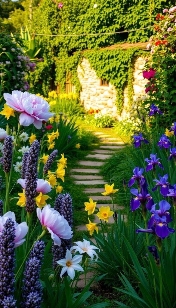 A tranquil cottage garden in early summer, bathed in soft, golden light. Lush, vibrant blooms in a variety of colors and textures fill the foreground - delicate pink peonies, ruffled lavender, cheerful yellow daffodils, and fragrant purple irises. In the middle ground, a winding garden path leads the eye deeper into the scene, framed by a mix of leafy greens and trailing vines. The background features a charming stone wall, partially obscured by a profusion of seasonal blossoms, creating a sense of timeless beauty and abundance. The overall atmosphere is one of peaceful serenity and the cyclical nature of the seasons.