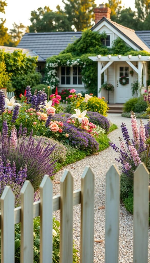 A tranquil cottage garden layout with a winding gravel path leading through a lush variety of blooming flowers and foliage. In the foreground, a picket fence frames the scene, creating a sense of privacy and charm. The middle ground features a mix of perennials like lavender, rose bushes, and delphinium, their colors and textures complementing each other. In the background, a quaint cottage with a welcoming porch and a cottage-style arbor, all bathed in warm, golden light. The overall atmosphere is one of a cozy, inviting outdoor oasis that seamlessly blends function and aesthetic appeal. A tranquil cottage garden layout with a winding gravel path leading through a lush variety of blooming flowers and foliage. In the foreground, a picket fence frames the scene, creating a sense of privacy and charm. The middle ground features a mix of perennials like lavender, rose bushes, and delphinium, their colors and textures complementing each other. In the background, a quaint cottage with a welcoming porch and a cottage-style arbor, all bathed in warm, golden light. The overall atmosphere is one of a cozy, inviting outdoor oasis that seamlessly blends function and aesthetic appeal.
