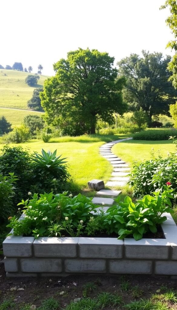 A tranquil garden bed nestled in a lush, verdant setting. The foreground features a neatly arranged cinder block raised bed, its sturdy construction and clean lines complementing the natural surroundings. Vibrant green plants and flowers spill over the edges, creating a harmonious blend of textures and colors. The middle ground showcases a well-tended path leading to the garden, flanked by verdant foliage and a few scattered stones. In the background, a gently rolling landscape dotted with mature trees casts soft, diffused sunlight onto the scene, creating a serene and inviting atmosphere. The entire composition exudes a sense of balance, functionality, and a connection to the natural world.