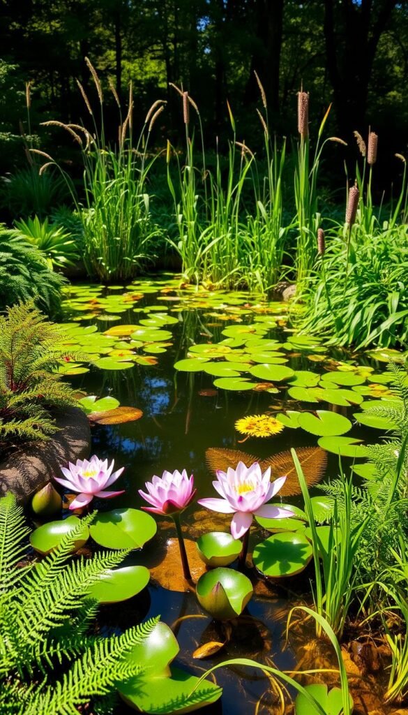 A tranquil garden pond surrounded by a lush arrangement of aquatic plants, creating a serene and natural oasis. In the foreground, vibrant water lilies float on the surface, their delicate petals gently swaying. Cascading ferns and rushes line the pond's edge, providing a soft, textured border. In the middle ground, tall grasses and cattails sway in a gentle breeze, complementing the swaying reeds and submerged plants beneath the water's surface. The background features a wooded area, with dappled sunlight filtering through the trees, casting a warm, earthy glow over the entire scene. The overall composition evokes a sense of harmony and balance, showcasing how aquatic and marginal plants can seamlessly integrate into a landscape design.