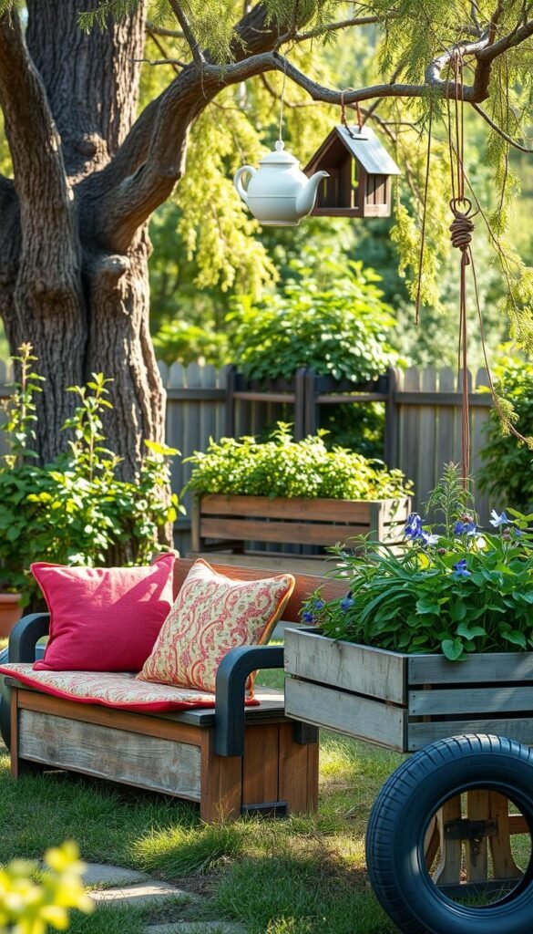 A tranquil garden scene showcasing a variety of upcycled DIY projects. In the foreground, a bench crafted from reclaimed wood and recycled tires, adorned with vibrant cushions. In the middle ground, a rustic planter box made from an old crate, overflowing with lush greenery. In the background, a whimsical birdhouse constructed from a repurposed teapot hangs from a tree, its branches swaying gently in the soft, natural lighting. The overall atmosphere exudes a sense of sustainability, creativity, and harmony with nature.