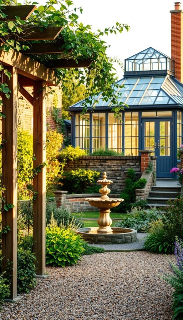 A tranquil garden scene showcasing permanent garden structures. In the foreground, a rustic wooden pergola covered in climbing vines casts soft, dappled shadows on a gravel path below. In the middle ground, a charming stone-walled fountain gently bubbles, surrounded by lush, flowering plants. Beyond, a redbrick greenhouse stands tall, its glass panels reflecting the warm, golden sunlight of a late spring afternoon. The overall scene conveys a sense of timeless beauty, with the harmonious interplay of natural and man-made elements creating a serene, inviting atmosphere.
