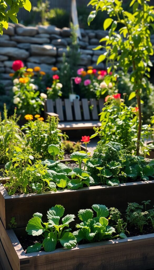 A tranquil garden setting, a small raised bed in the foreground filled with thriving vegetables and herbs. Sunlight filters through the lush greenery, casting warm shadows. In the middle ground, a wooden bench invites contemplation, surrounded by colorful blooming plants. In the background, a stone wall frames the scene, hinting at the boundaries of the cozy outdoor space. The overall atmosphere is one of serenity and abundance, inspiring the viewer to assess their own small garden's potential.