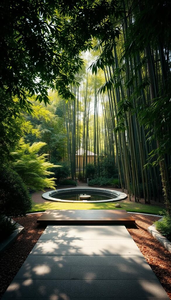 A tranquil meditation space surrounded by lush, verdant foliage. In the foreground, a smooth, polished stone path leads to a minimalist wooden platform, inviting visitors to sit and find inner peace. Sunlight filters through the canopy of trees, casting a warm, gentle glow and creating intriguing patterns of light and shadow. In the middle ground, a small, still pond reflects the serene scene, its surface unbroken save for the occasional drift of a fallen leaf. The background is dominated by a towering bamboo grove, its slender stalks swaying softly in the breeze, creating a sense of seclusion and connection with nature. The overall atmosphere is one of serenity, simplicity, and mindfulness, perfectly capturing the essence of a Zen garden designed for meditation.
