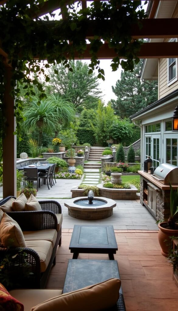 A tranquil outdoor living space with seamless transitions between indoor and outdoor areas. In the foreground, a cozy seating arrangement with plush cushions and a coffee table, nestled beneath a pergola draped in lush greenery. The middle ground features a stone patio with a built-in grill and dining table, surrounded by potted plants and a water feature that adds a soothing ambiance. In the background, a verdant garden with carefully curated flower beds and a stone pathway leading to a glass-enclosed sunroom, blending the boundaries between inside and out. Warm, diffused lighting casts a soft glow, creating a welcoming and harmonious atmosphere.