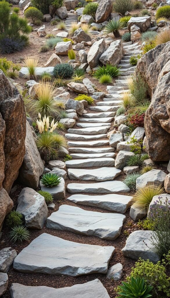 A tranquil rock garden, nestled in a hilly landscape, features a winding path of natural stone steps. The steps are carefully arranged, leading the viewer through a lush arrangement of drought-tolerant plants, including colorful succulents, wispy grasses, and fragrant herbs. Soft, diffused lighting from the overhead sun filters through the scene, casting gentle shadows and highlighting the textural details of the rock formations. The composition invites exploration, with a sense of depth and balance that seamlessly integrates the natural elements. This calming oasis exudes a serene, contemplative atmosphere, perfectly suited for the "Creative Use of Rock Gardens" section of the article.
