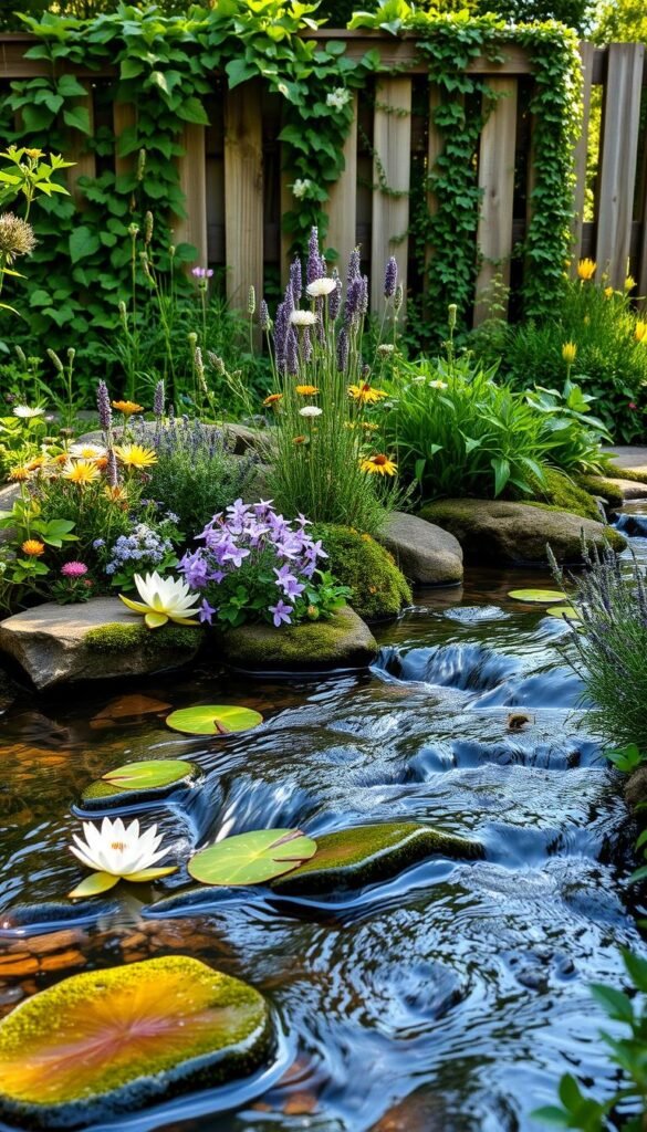 A tranquil water feature surrounded by lush, bee-friendly flowers and plants. In the foreground, a gently flowing stream with mossy stones and water lilies. In the middle ground, clusters of colorful wildflowers, lavender, and clover, attracting a variety of pollinating insects. In the background, a wooden fence overgrown with climbing vines and a verdant garden. Soft, dappled sunlight filters through the scene, creating a serene and inviting atmosphere. The overall composition evokes a sense of calm and natural harmony, perfect for a relaxing cottage garden retreat.