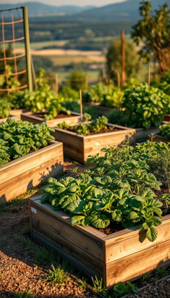 A tranquil, well-designed raised garden bed system, illuminated by soft, natural lighting that casts gentle shadows. The beds are constructed with weathered wooden planks, their surfaces adorned with a lush array of thriving vegetables and herbs. The layout showcases efficient organization, with each plant strategically placed to maximize space and yield. The background features a picturesque, serene landscape, hinting at the broader context of the garden. The overall scene conveys a sense of order, productivity, and the inherent beauty of a self-sustaining, organic growing space.