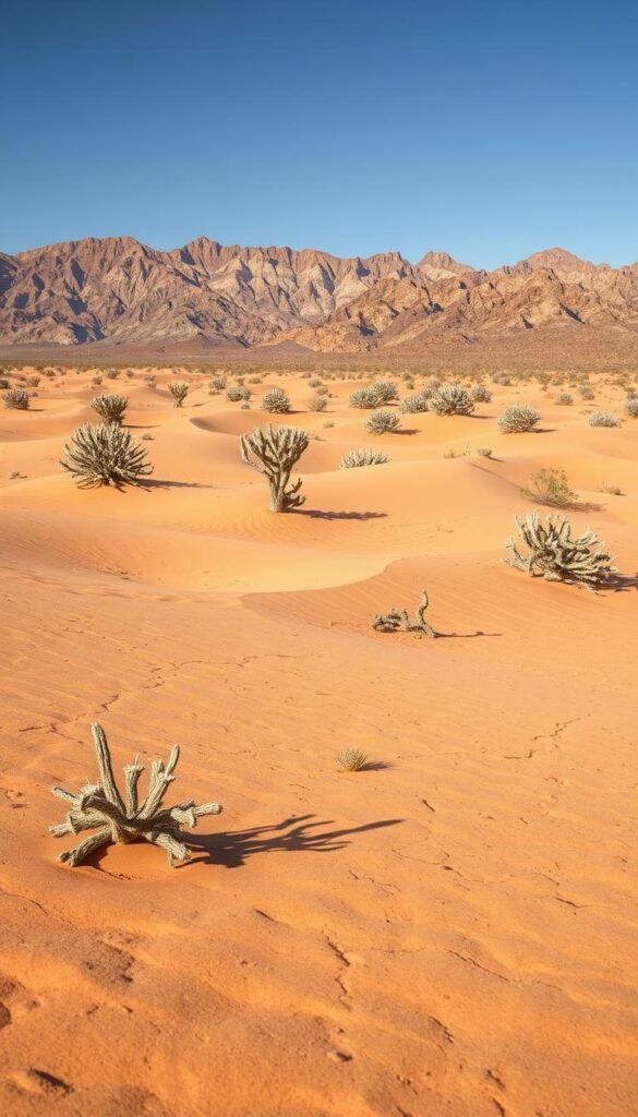 A vast, sun-baked desert landscape stretches out, the parched earth cracked and unforgiving. In the foreground, undulating dunes of fine, ochre-colored sand shift in the gentle breeze, casting long shadows. Scattered across the middle ground, hardy desert plants cling to life, their twisted, woody stems and silvery, drought-resistant foliage glistening under the intense, directional sunlight. In the distant background, rugged, weathered mountains rise up, their peaks bathed in a warm, golden hue. The overall scene conveys a sense of harsh beauty and resilience, perfectly capturing the essence of a desert climate and the challenges it presents for gardening.
