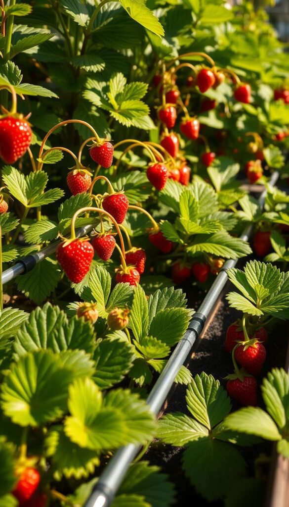 A verdant raised garden bed filled with lush, ripe strawberry plants, their glossy leaves and plump, ruby-red berries glistening under the warm afternoon sun. Slender drip irrigation lines snake through the foliage, slowly and evenly dispersing water to the thirsty roots. The scene is captured from a low, waist-level angle, highlighting the effortless accessibility of the raised bed design. Soft, diffused lighting casts gentle shadows, creating a sense of depth and dimensionality. The overall mood is one of tranquil abundance, inviting the viewer to envision the satisfying experience of harvesting juicy, homegrown strawberries.