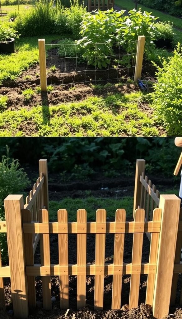 A verdant, sun-dappled garden bed, its freshly tilled soil framed by a sturdy wooden fence taking shape. In the foreground, a step-by-step sequence depicts the installation process: setting the posts, attaching the rails, and weaving the pickets to create a seamless, aesthetically pleasing barrier. Warm, natural lighting casts gentle shadows, accentuating the textures of the weathered wood. The composition showcases the fence's construction from multiple angles, providing a comprehensive visual guide for the reader. An atmosphere of tranquility and hands-on craftsmanship pervades the scene, inviting the viewer to imagine themselves immersed in the process of building a beautiful, functional raised garden bed fence.