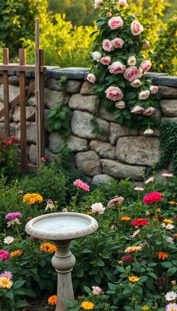 A verdant, well-tended garden in the vintage cottage style. In the foreground, a weathered birdbath stands amidst lush, overflowing flower beds, their blooms cascading in a riot of colors. Beyond, a quaint wooden trellis supports a rambling rose, its delicate petals dancing in the soft, golden light. In the background, a charming vintage planter sits atop a weathered stone wall, its contents spilling out in a romantic, organic fashion. The entire scene is bathed in a warm, nostalgic glow, evoking a timeless, serene atmosphere of bygone eras.