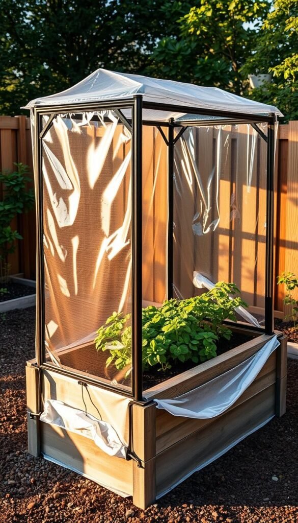 A versatile garden cover design, featuring a sturdy, modular frame that can adapt to various raised garden beds. The cover is composed of transparent, weather-resistant panels that allow sunlight to filter through, while providing protection from harsh elements. The panels can be adjusted to control the amount of shade, ventilation, and moisture regulation, catering to the needs of different plants throughout the seasons. The frame is crafted from lightweight, durable materials, allowing for easy installation and mobility. Warm, diffused lighting illuminates the scene, emphasizing the cover's practical yet elegant design. The image captures the essence of a versatile, year-round garden cover solution that enhances the productivity and resilience of raised garden beds.