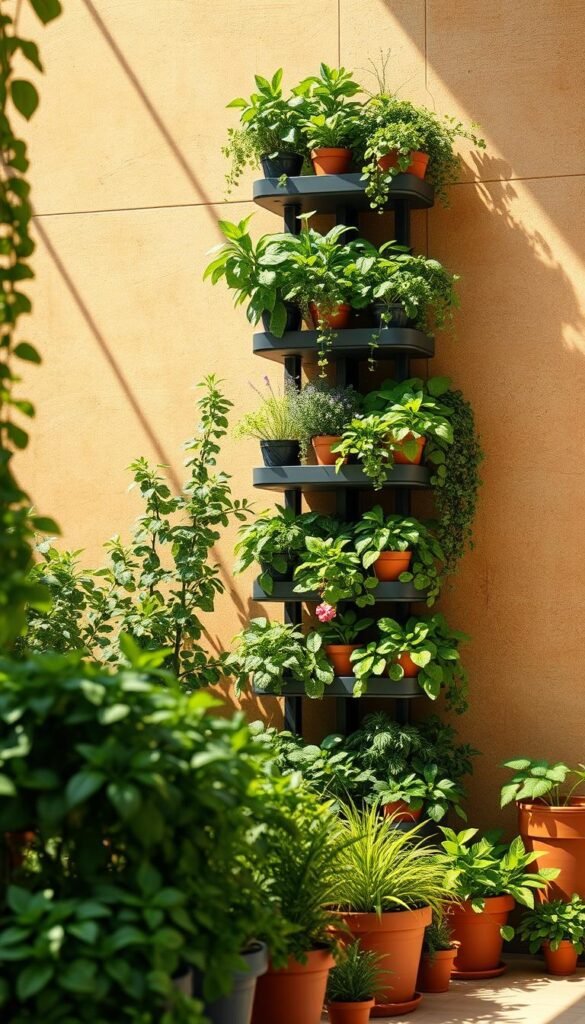 A vertical garden oasis with lush greenery cascading down multi-tiered shelves. The foreground features an array of potted plants, their vibrant foliage spilling over the edges. In the middle ground, a modular, space-saving planter system stands tall, showcasing a variety of herbs, vegetables, and flowering plants. The background is a sun-dappled wall, its surface textured with natural stone or wood, providing a stunning backdrop for this compact, efficient garden. Warm, diffused lighting bathes the scene, creating a serene, inviting atmosphere. The overall composition emphasizes the versatility and space-saving potential of vertical gardening solutions, perfectly capturing the essence of "Maximizing Space with Vertical Growers and Multi-Level Solutions". A vertical garden oasis with lush greenery cascading down multi-tiered shelves. The foreground features an array of potted plants, their vibrant foliage spilling over the edges. In the middle ground, a modular, space-saving planter system stands tall, showcasing a variety of herbs, vegetables, and flowering plants. The background is a sun-dappled wall, its surface textured with natural stone or wood, providing a stunning backdrop for this compact, efficient garden. Warm, diffused lighting bathes the scene, creating a serene, inviting atmosphere. The overall composition emphasizes the versatility and space-saving potential of vertical gardening solutions, perfectly capturing the essence of "Maximizing Space with Vertical Growers and Multi-Level Solutions".
