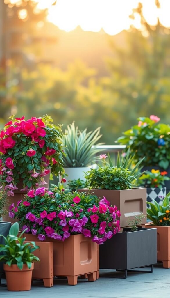 A vibrant and flexible container garden, showcasing an array of thriving potted plants arranged in a dynamic, modular display. The foreground features a selection of lush, colorful flowers cascading from various-sized planters, their petals gently swaying in the soft, warm light. In the middle ground, a series of easily movable, lightweight planter boxes in earthy tones and modern shapes, allowing for versatile and customizable compositions. The background depicts a tranquil, natural setting, with a blurred backdrop of verdant foliage and a hint of a serene, sun-dappled sky, creating a calming and inviting atmosphere. The overall scene conveys the flexibility and portability of container gardening, perfect for renters and frequent movers.