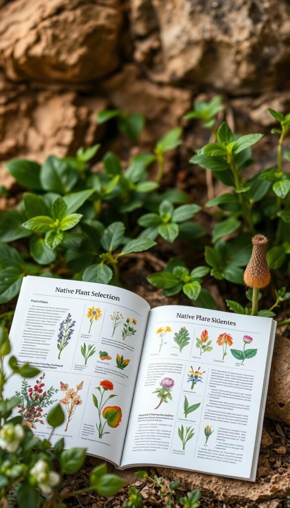 A vibrant and informative native plant selection guide, presented against a natural backdrop of lush greenery and earthy tones. The guide features detailed illustrations and descriptions of a diverse array of native flora, with clean, minimalist layouts that showcase their unique characteristics and suitability for an eco-friendly garden design. Soft, diffused lighting illuminates the guide's pages, creating a serene and inviting atmosphere that inspires the viewer to explore the wonders of native plants. The overall composition conveys a sense of harmony between the guide's educational content and the tranquil, nature-inspired setting.
