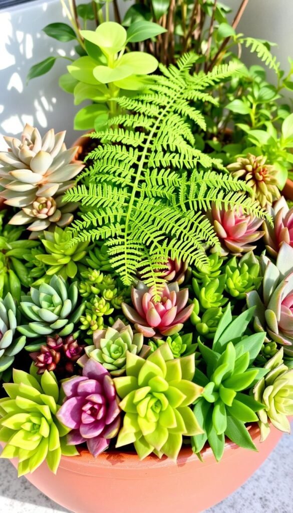 A vibrant and low-maintenance container garden filled with verdant succulents and ferns. The foreground showcases a variety of drought-resistant succulents in hues of green, purple, and pink, arranged in a harmonious display. The middle ground features a lush fern with delicate fronds, cascading gracefully over the edge of the planter. In the background, a mix of small, easy-care houseplants like pothos and ZZ plants add depth and texture to the scene. Soft, natural lighting illuminates the composition, casting gentle shadows and highlighting the plants' intricate details. The overall mood is one of effortless beauty and simplicity, perfect for a small-space urban garden or a frequent mover's portable display.