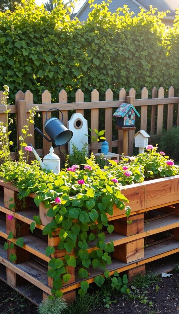 A vibrant and rustic pallet garden scene, bathed in warm, golden afternoon light. In the foreground, an artfully assembled raised garden bed, crafted from repurposed wooden pallets, overflows with lush, verdant foliage. Trailing vines and cascading flowers spill over the edges, creating a sense of abundant, natural growth. In the middle ground, a scatter of repurposed items - an old watering can, a weathered birdhouse, and a mosaic of broken ceramic tiles - add eclectic charm and a touch of whimsy. The background features a verdant, sun-dappled fence, framing the scene and hinting at the larger garden space beyond. The overall composition evokes a sense of creativity, sustainability, and a harmonious blend of nature and reclaimed materials.