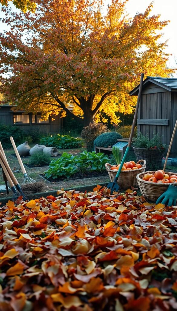 A vibrant autumn garden in soft, golden light. In the foreground, fallen leaves cover the ground, with rakes, pruning shears, and gardening gloves neatly arranged. The middle ground features a well-tended vegetable patch, with baskets overflowing with the last harvest of the season. In the background, a wooden compost bin stands near a lush, mature tree, its branches laden with colorful foliage. The scene conveys a sense of seasonal transition, with the gardener's diligence and the garden's natural cycles in harmony. Captured with a wide-angle lens to showcase the depth and balance of the composition.