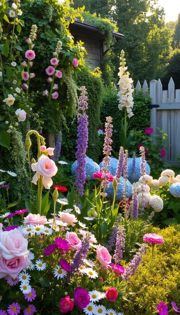 A vibrant cottage garden overflowing with lush, romantic florals and greenery. In the foreground, clusters of colorful blooms including delicate roses, cheerful daisies, and fragrant lavender sway gently in the soft afternoon breeze. The middle ground features a mix of cascading vines, tall hollyhocks, and dense hydrangea bushes, creating a whimsical, overgrown aesthetic. In the background, a quaint stone wall and weathered wooden fence frame the scene, evoking a tranquil, country ambiance. Warm, golden sunlight filters through the abundant foliage, casting a serene, natural glow across the entire composition. The overall mood is one of effortless charm and rustic elegance.