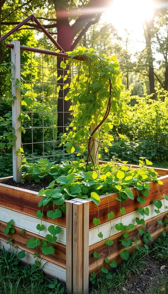 A vibrant eco-friendly raised garden bed, its sturdy frame crafted from reclaimed wood planks, nestled in a lush, verdant landscape. Cascading vines and trailing foliage spill over the edges, creating a natural, inviting aesthetic. Sunlight filters through the canopy of nearby trees, casting a warm, golden glow across the scene. The bed is filled with thriving, organic vegetables and herbs, their vibrant colors and textures a testament to the sustainable, earth-friendly approach. In the background, a weathered, repurposed metal trellis supports a flourishing climbing plant, adding depth and visual interest to the composition. The overall atmosphere evokes a sense of harmony between nature and human ingenuity, showcasing the beauty and practicality of eco-conscious gardening. A vibrant eco-friendly raised garden bed, its sturdy frame crafted from reclaimed wood planks, nestled in a lush, verdant landscape. Cascading vines and trailing foliage spill over the edges, creating a natural, inviting aesthetic. Sunlight filters through the canopy of nearby trees, casting a warm, golden glow across the scene. The bed is filled with thriving, organic vegetables and herbs, their vibrant colors and textures a testament to the sustainable, earth-friendly approach. In the background, a weathered, repurposed metal trellis supports a flourishing climbing plant, adding depth and visual interest to the composition. The overall atmosphere evokes a sense of harmony between nature and human ingenuity, showcasing the beauty and practicality of eco-conscious gardening.