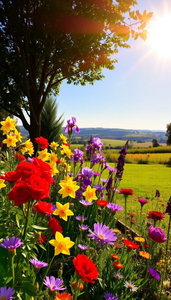 A vibrant garden bursting with life, bathed in warm, golden sunlight. In the foreground, a lush arrangement of blooming flowers in a stunning array of colors - crimson red roses, sunny yellow daffodils, lavender-hued irises, and deep purple peonies. The middle ground features a verdant lawn dotted with patches of vibrant wildflowers, while the background showcases a picturesque landscape of rolling hills and a clear, azure sky. The overall scene exudes a sense of tranquility and natural beauty, capturing the essence of a sun-kissed backyard garden.