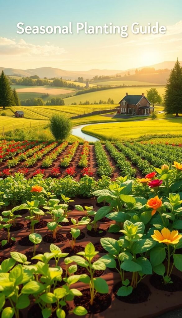 A vibrant illustration of a seasonal planting guide, showcasing a lush garden landscape in warm, natural lighting. In the foreground, a variety of seedlings and young plants are delicately arranged, each representing a different season - verdant greens for spring, vibrant blooms for summer, autumnal hues for fall, and hardy evergreens for winter. The middle ground features a well-tended garden bed, with neatly organized rows of mature plants and vegetables. In the background, a serene countryside scene unfolds, with rolling hills, a meandering stream, and a picturesque farmhouse silhouetted against a softly lit sky. The overall atmosphere is one of tranquility, abundance, and the cyclical nature of the seasons. A vibrant illustration of a seasonal planting guide, showcasing a lush garden landscape in warm, natural lighting. In the foreground, a variety of seedlings and young plants are delicately arranged, each representing a different season - verdant greens for spring, vibrant blooms for summer, autumnal hues for fall, and hardy evergreens for winter. The middle ground features a well-tended garden bed, with neatly organized rows of mature plants and vegetables. In the background, a serene countryside scene unfolds, with rolling hills, a meandering stream, and a picturesque farmhouse silhouetted against a softly lit sky. The overall atmosphere is one of tranquility, abundance, and the cyclical nature of the seasons.