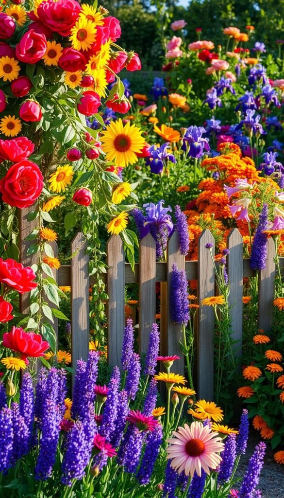 A vibrant, lush cottage garden in full bloom, bathed in warm afternoon sunlight. The foreground features a colorful array of perennials - bold red peonies, sunny yellow sunflowers, and fragrant purple lavender. In the middle ground, cascading vines and trailing flowers spill over a rustic wooden fence, framing the scene. The background showcases an assortment of whimsical, brightly-colored blooms - deep indigo irises, cheerful pink roses, and vibrant orange marigolds. The overall composition exudes a sense of abundant, effortless beauty, capturing the essence of a cottage garden's rich, harmonious color palette.